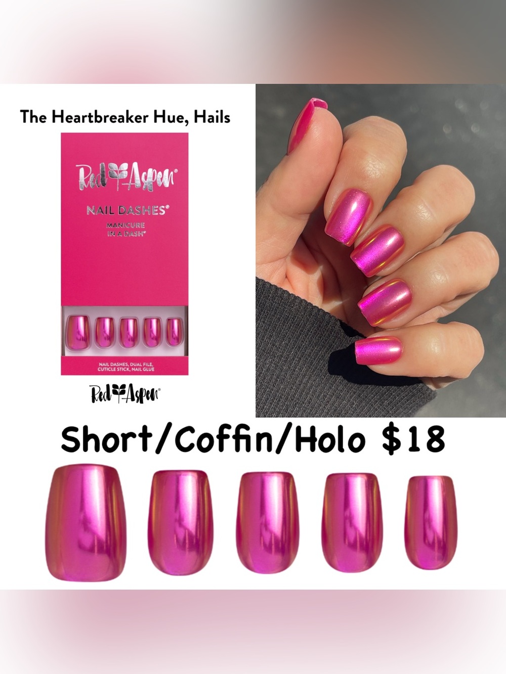 Red Aspen Heartbreaker Hue 💖Hails💖 Short Coffin Holo/Chrome Pink Press-On Nails